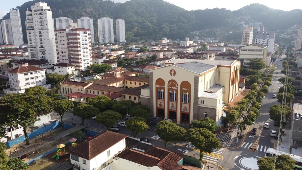 Avenida arborizada e prédios do bairro do Marapé, em Santos, vistos do alto